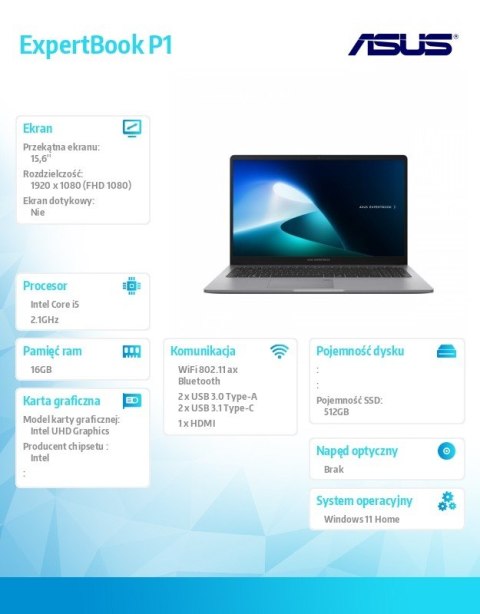 Notebook ExpertBook P1503CVA-S70860W i5-13420H/15.6 cali FHD/16GB/512GB/ Win 11 HOME/3YRS Notebook ExpertBook P1503CVA-S70860W i5-13420H/15.6 cali FHD/16GB/512GB/ Win 11 HOME/3YRS