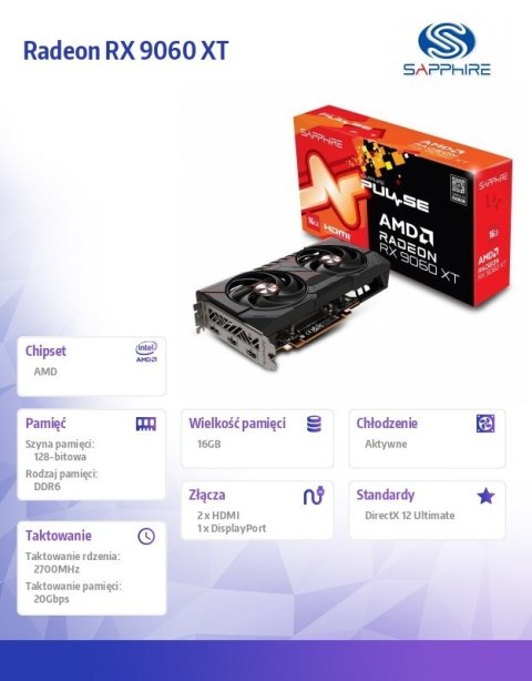 Karta graficzna Radeon RX 9060 XT PULSE 16GB GDDR6 128bit DP/2HDMI Karta graficzna Radeon RX 9060 XT PULSE 16GB GDDR6 128bit DP/2HDMI