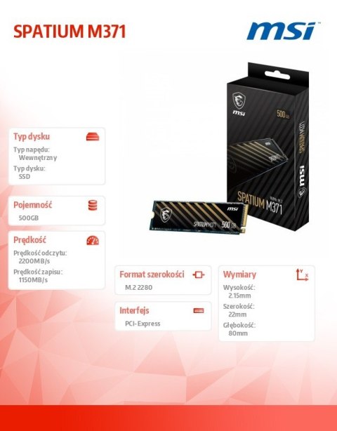 Dysk SSD SPATIUM M371 500GB M.2 PCIe3 2200/1150MB/s Dysk SSD SPATIUM M371 500GB M.2 PCIe3 2200/1150MB/s