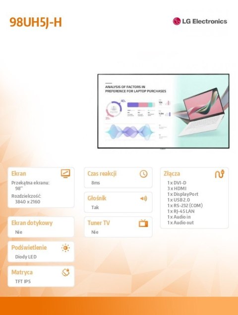 Monitor wielkoformatowy 98UH5J-H UHD 98 cali IPS 500cd/m2 24/7 Monitor wielkoformatowy 98UH5J-H UHD 98 cali IPS 500cd/m2 24/7