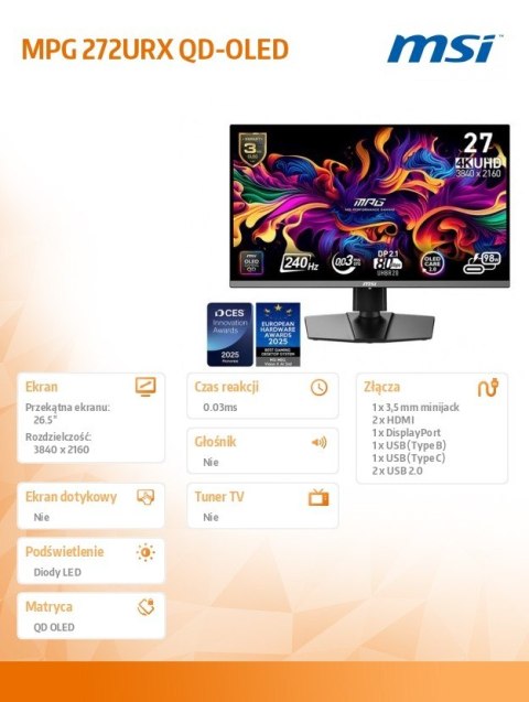 Monitor MPG 272URX QD-OLED LED/UHD/FLAT/240Hz/26.5cala/Black Monitor MPG 272URX QD-OLED LED/UHD/FLAT/240Hz/26.5cala/Black