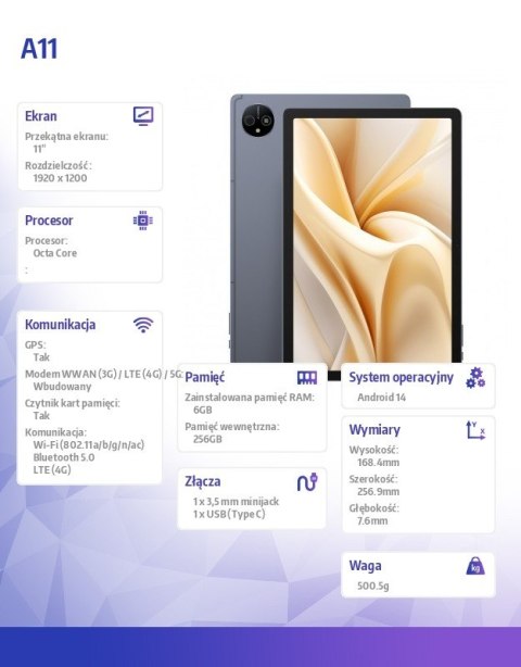 Tablet Tab A11 11 cali 6/256GB LTE Szary Tablet Tab A11 11 cali 6/256GB LTE Szary