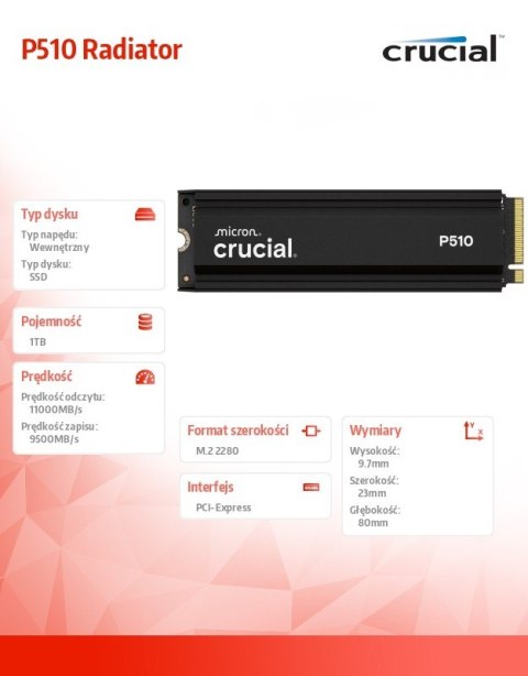 Dysk SSD P510 1TB M.2 NVMe Gen5 2280 11000/9500 radiator Dysk SSD P510 1TB M.2 NVMe Gen5 2280 11000/9500 radiator