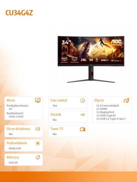 Monitor CU34G4Z 34 cale 240Hz Curved VA HDMIx2 DP HAS Monitor CU34G4Z 34 cale 240Hz Curved VA HDMIx2 DP HAS