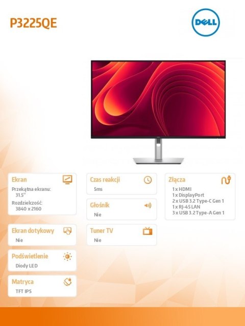 Monitor P3225QE 31.5 cala IPS 4K/HDMI/DP/USB/RJ45/3Y Monitor P3225QE 31.5 cala IPS 4K/HDMI/DP/USB/RJ45/3Y