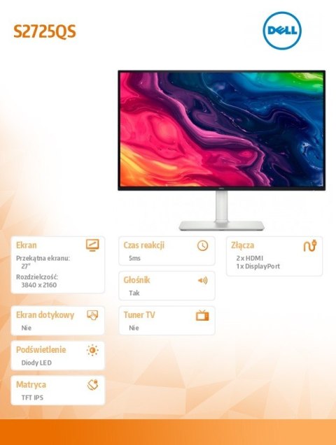 Monitor S2725QS 27 cali LED 4K IPS/3840x2160/HDMI/DP/3Y Monitor S2725QS 27 cali LED 4K IPS/3840x2160/HDMI/DP/3Y