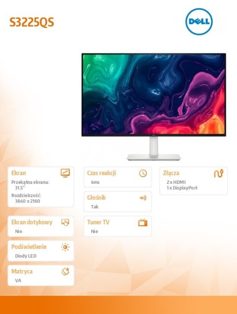 Monitor S3225QS 31.5 cala VA 4K/HDMI/DP/Głośniki/3Y Monitor S3225QS 31.5 cala VA 4K/HDMI/DP/Głośniki/3Y
