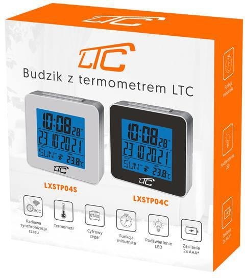 Budzik z termometrem LTC, sterowany radiowo, srebrny LXSTP04S Budzik z termometrem LTC, sterowany radiowo, srebrny LXSTP04S
