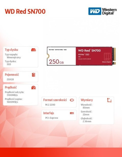 Dysk SSD WD Red 250GB SN700 2280 NVMe M.2 PCIe Dysk SSD WD Red 250GB SN700 2280 NVMe M.2 PCIe