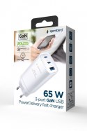 Ładowarka PowerDelivery 1xA 2xC GaN 65W Biała Ładowarka PowerDelivery 1xA 2xC GaN 65W Biała