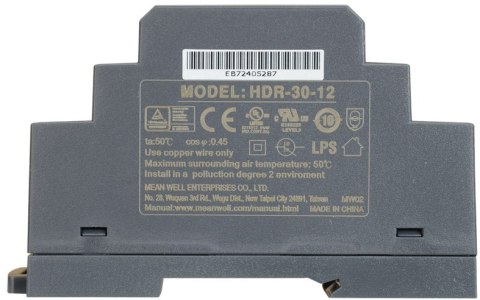 ZASILACZ IMPULSOWY NA SZYNĘ DIN MEAN WELL HDR-30-12 12V/30W/2A ZASILACZ IMPULSOWY NA SZYNĘ DIN MEAN WELL HDR-30-12 12V/30W/2A