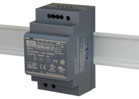 ZASILACZ IMPULSOWY NA SZYNĘ DIN MEAN WELL HDR-60-15 15V/60W/4A ZASILACZ IMPULSOWY NA SZYNĘ DIN MEAN WELL HDR-60-15 15V/60W/4A