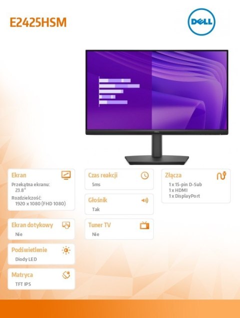 Monitor E2425HSM 23.8 cala IPS LED Full HD (1920x1080)/16:9/DP/HDMI/VGA/Głośniki/3Y Monitor E2425HSM 23.8 cala IPS LED Full HD (1920x1080)/16:9/DP/HDMI/VGA/Głośniki/3Y
