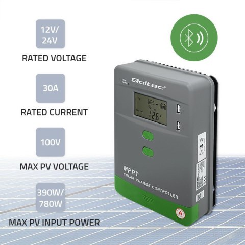Solarny regulator ładowania MPPT z czujnikiem temperatury 30A | 12V/24V | LCD | 2xUSB | Bluetooth | APP | GEL | LiFePO4 Solarny regulator ładowania MPPT z czujnikiem temperatury 30A | 12V/24V | LCD | 2xUSB | Bluetooth | APP | GEL | LiFePO4