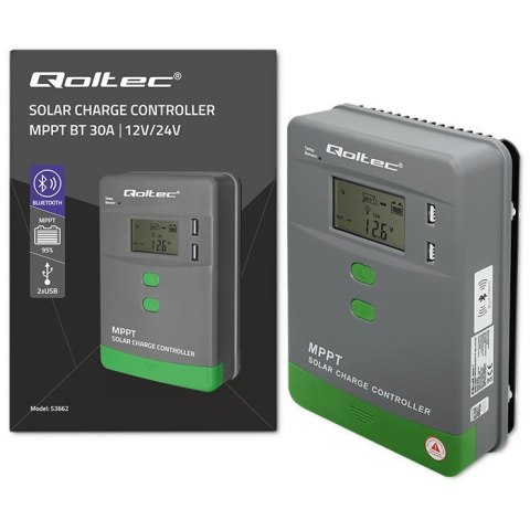 Solarny regulator ładowania MPPT z czujnikiem temperatury 30A | 12V/24V | LCD | 2xUSB | Bluetooth | APP | GEL | LiFePO4 Solarny regulator ładowania MPPT z czujnikiem temperatury 30A | 12V/24V | LCD | 2xUSB | Bluetooth | APP | GEL | LiFePO4