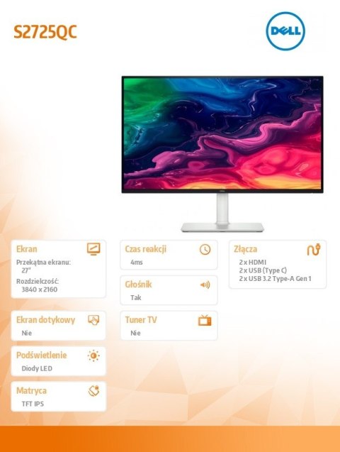 Monitor S2725QC 27 cali AMD FreeSync IPS LED 4K (3840x2160)/2xHDMI/USB-C/2xUSB 3.2/Speakers/3Y Monitor S2725QC 27 cali AMD FreeSync IPS LED 4K (3840x2160)/2xHDMI/USB-C/2xUSB 3.2/Speakers/3Y