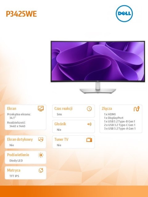 Monitor P3425WE 34.1 cala IPS Curved WQHD (3440x1440)/21:9/HDMI/DP/USB-C/3xUSB/3Y AES&PPG Monitor P3425WE 34.1 cala IPS Curved WQHD (3440x1440)/21:9/HDMI/DP/USB-C/3xUSB/3Y AES&PPG