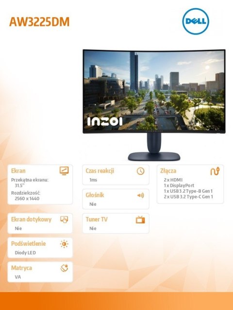 Monitor AW3225DM 31.6 cala Curved NVIDIA G-Sync Compatible 180Hz VA QHD (3440x1440)/16:9/DP/2xHDMI/3xUSB 3.2/3Y AES&PPE Monitor AW3225DM 31.6 cala Curved NVIDIA G-Sync Compatible 180Hz VA QHD (3440x1440)/16:9/DP/2xHDMI/3xUSB 3.2/3Y AES&PPE