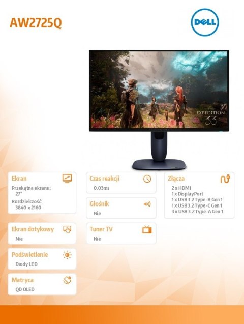 Monitor Alienware AW2725Q 27.0 cali NVIDIA G-Sync Compatible 4K QD-OLED 240Hz/ DP/2xHDMI/USBC/3XUSB/3Y Monitor Alienware AW2725Q 27.0 cali NVIDIA G-Sync Compatible 4K QD-OLED 240Hz/ DP/2xHDMI/USBC/3XUSB/3Y