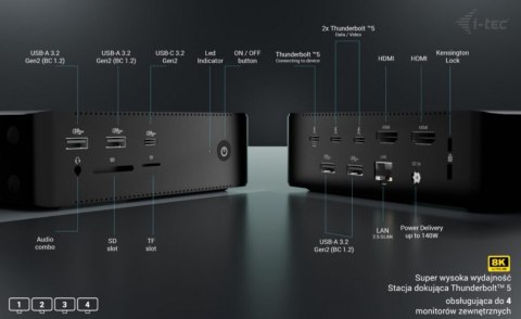 Stacja dokującaThunderbolt5 Quattro Display Docking Station 5x USB 2.5 GLan Power Delivery 140W Stacja dokującaThunderbolt5 Quattro Display Docking Station 5x USB 2.5 GLan Power Delivery 140W