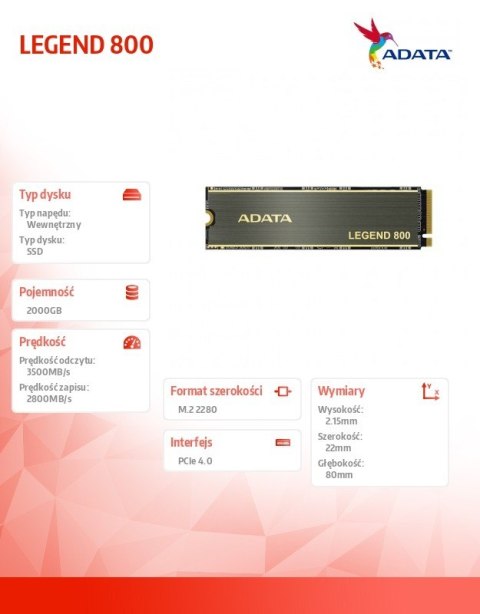 Dysk SSD LEGEND 800 2000GB PCIe 4x4 3.5/2.8 GB/s M2 Dysk SSD LEGEND 800 2000GB PCIe 4x4 3.5/2.8 GB/s M2