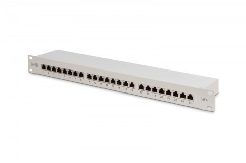 Patch panel 19" 24 porty, kat.6, S/FTP, 1U, wspornik kablowy, szary (kompletny)