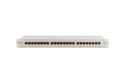 Patch panel 19" 24 porty, kat.6, S/FTP, 1U, wspornik kablowy, szary (kompletny)