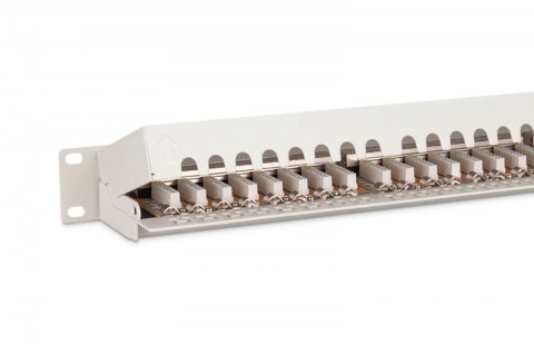 Patch panel 19" 24 porty, kat.6, S/FTP, 1U, wspornik kablowy, szary (kompletny)