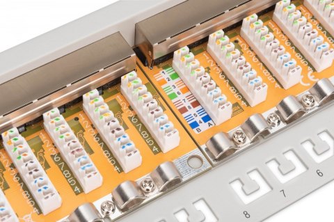 Patch panel 19" 24 porty, kat.6, S/FTP, 1U, wspornik kablowy, szary (kompletny)