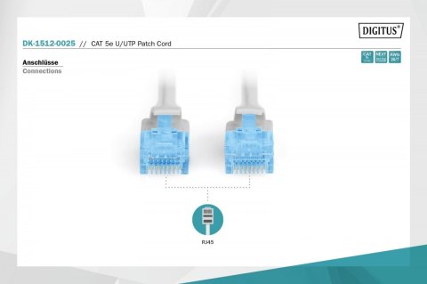 Patch cord RJ45-RJ45, kat.5e, U/UTP, AWG 26/7, PVC, 0.25m, szary Patch cord RJ45-RJ45, kat.5e, U/UTP, AWG 26/7, PVC, 0.25m, szary