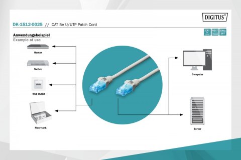 Patch cord RJ45-RJ45, kat.5e, U/UTP, AWG 26/7, PVC, 0.25m, szary Patch cord RJ45-RJ45, kat.5e, U/UTP, AWG 26/7, PVC, 0.25m, szary