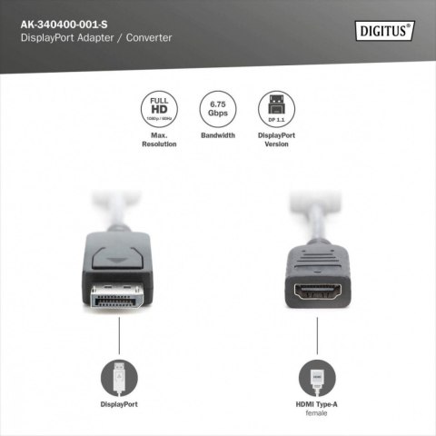 Kabel adapter Displayport z zatrzaskiem 1080p 60Hz FHD Typ DP/HDMI A M/Ż czarny 0,15m Kabel adapter Displayport z zatrzaskiem 1080p 60Hz FHD Typ DP/HDMI A M/Ż czarny 0,15m