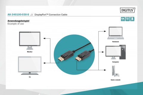 Kabel połączeniowy DisplayPort z zatrzaskami 4K 60Hz UHD Typ DP/DP M/M czarny 3m Kabel połączeniowy DisplayPort z zatrzaskami 4K 60Hz UHD Typ DP/DP M/M czarny 3m