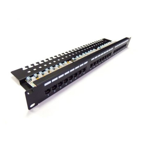 Patch panel 19" 24 porty, kat.6, U/UTP, 1U, wspornik kablowy, czarny (kompletny) Patch panel 19" 24 porty, kat.6, U/UTP, 1U, wspornik kablowy, czarny (kompletny)