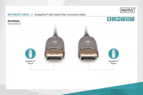 Kabel połączeniowy hybrydowy AOC DisplayPort 1.4 8K/60Hz UHD DP/DP M/M 10m Czarny