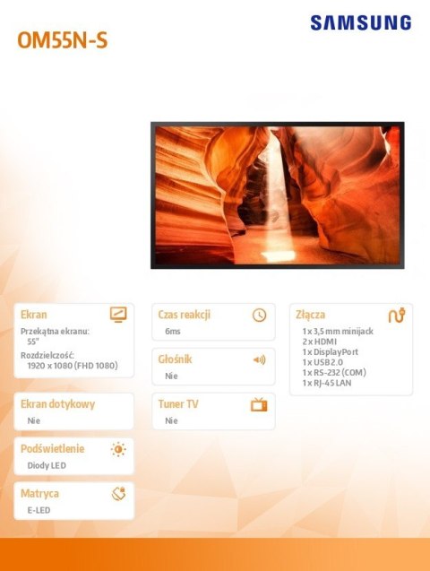 Monitor profesjonalny OM55N-S 55 cali Błyszczący 24h/7 4000(cd/m2) 1920x1080 (FHD) S6 Player (Tizen 4.0) Wi-Fi 3 lata On-Site (L Monitor profesjonalny OM55N-S 55 cali Błyszczący 24h/7 4000(cd/m2) 1920x1080 (FHD) S6 Player (Tizen 4.0) Wi-Fi 3 lata On-Site (L