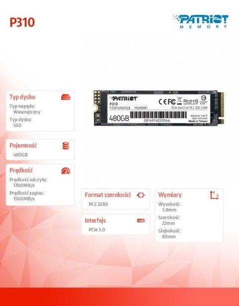 Dysk SSD P310 480GB M.2 2280 1700/1500 PCIe NVMe Gen3 x 4 Dysk SSD P310 480GB M.2 2280 1700/1500 PCIe NVMe Gen3 x 4