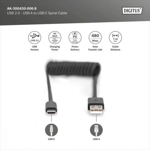 Kabel spiralny USB A/USB C, USB 2.0, PD 60W, max. 1m Czarny Kabel spiralny USB A/USB C, USB 2.0, PD 60W, max. 1m Czarny