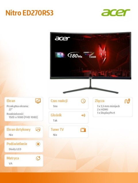 Monitor 27 cali Nitro ED270RS3bmiipx Curved/180Hz/1ms Monitor 27 cali Nitro ED270RS3bmiipx Curved/180Hz/1ms