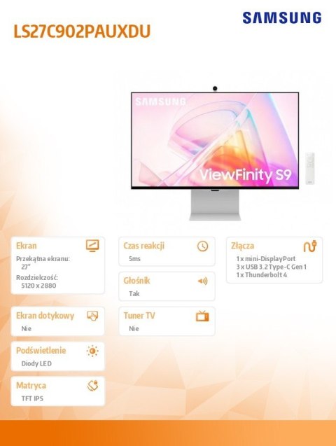 Monitor 27 cali Viewfinity S90PC IPS 5120x2880 5K/UHD+ 16:9 1xminiDP 1xTB4.0 (90W/15W) 3xUSB3.0 WiFi/BT 5ms 60 Hz HAS+PIV gł. pł Monitor 27 cali Viewfinity S90PC IPS 5120x2880 5K/UHD+ 16:9 1xminiDP 1xTB4.0 (90W/15W) 3xUSB3.0 WiFi/BT 5ms 60 Hz HAS+PIV gł. pł