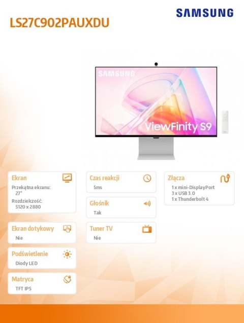 Monitor 27 cali Viewfinity S90PC IPS 5120x2880 5K/UHD+ 16:9 1xminiDP 1xTB4.0 (90W/15W) 3xUSB3.0 WiFi/BT 5ms 60 Hz HAS+PIV gł. pł Monitor 27 cali Viewfinity S90PC IPS 5120x2880 5K/UHD+ 16:9 1xminiDP 1xTB4.0 (90W/15W) 3xUSB3.0 WiFi/BT 5ms 60 Hz HAS+PIV gł. pł