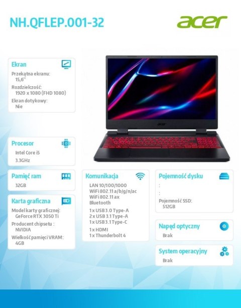 Notebook AN515-58-561U ESHELL i5-12500H/32GB/512SSD/RTX3050Ti/15.6 cala Notebook AN515-58-561U ESHELL i5-12500H/32GB/512SSD/RTX3050Ti/15.6 cala