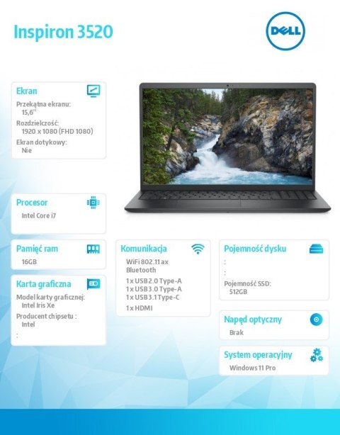 Laptop Inspiron 3520 Win11Pro i7-1255U/512GB/16GB/INTEL IRIS XE/15.6 FHD/BLACK/2Y NBD