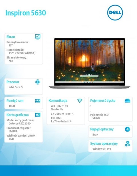 Laptop Inspiron 5630 Win11Pro i5-1340P/16.0 FHD+/512GB/16GB/RTX 2050/2Y NBD