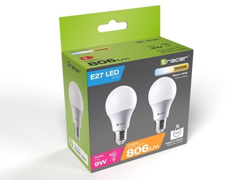 Żarówka LED E27 9W=60W ciepła jasna 3000K, 2 pack
