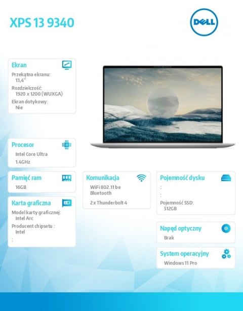 Laptop XPS 13 9340/Ultra 7 155H/16GB/512GB SSD/13.4 FHD+ AntiGlare/Arc/WLAN + BT/Backlit Kb/3 Cell/W11Pro