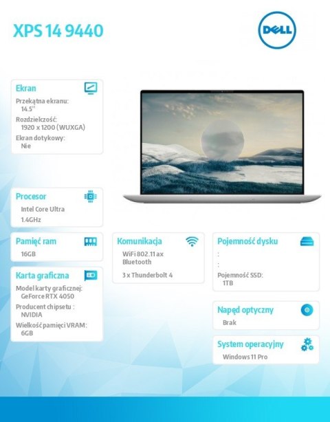 Laptop XPS 14 9440/Ultra 7 155H/16GB/1TB SSD/14.5 FHD+/GeForce RTX 4050/WLAN + BT/Backlit Kb/6 Cell/W11Pro