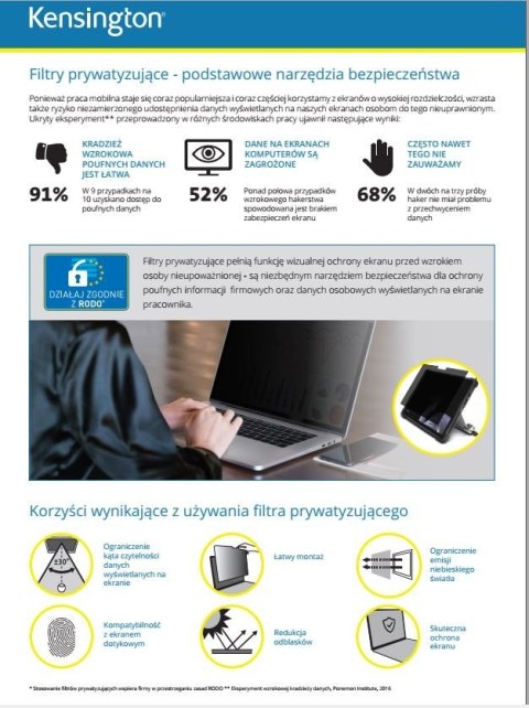 Filtr prywatyzujący 2-stronny, zdejmowany, do monitora 13.3 cala 16:9 Filtr prywatyzujący 2-stronny, zdejmowany, do monitora 13.3 cala 16:9