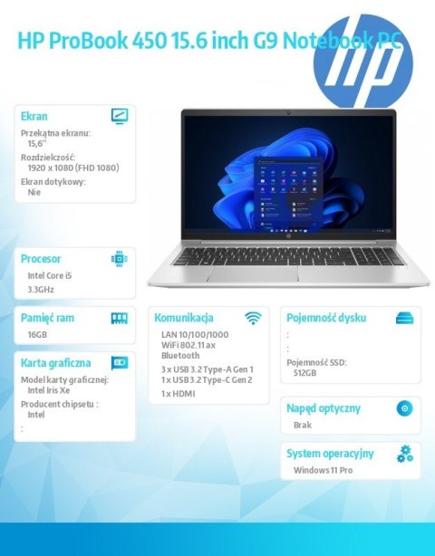 Notebook ProBook 450 G9 i5-1235U 512GB/16GB/W11P/15,6 cala 9M3U2AT Notebook ProBook 450 G9 i5-1235U 512GB/16GB/W11P/15,6 cala 9M3U2AT