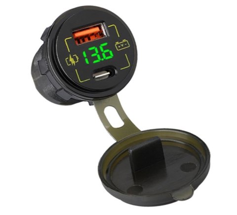 Ładowarka samochodowa montażowa USB+USB-C M18A woltomierz Ładowarka samochodowa montażowa USB+USB-C M18A woltomierz